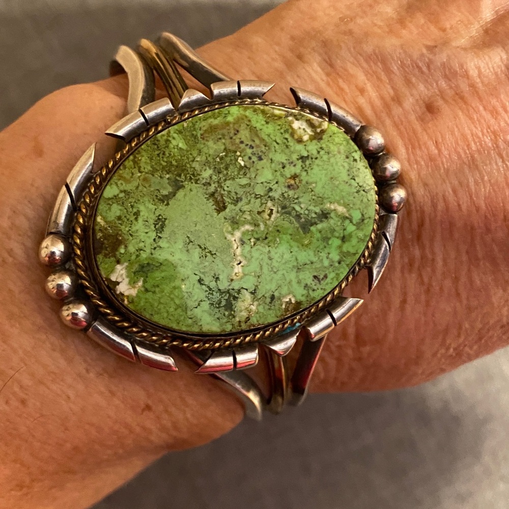Vintage Navajo Sterling Silver Gaspeite Cuff Bracelet Signed  “KM” UNISEX